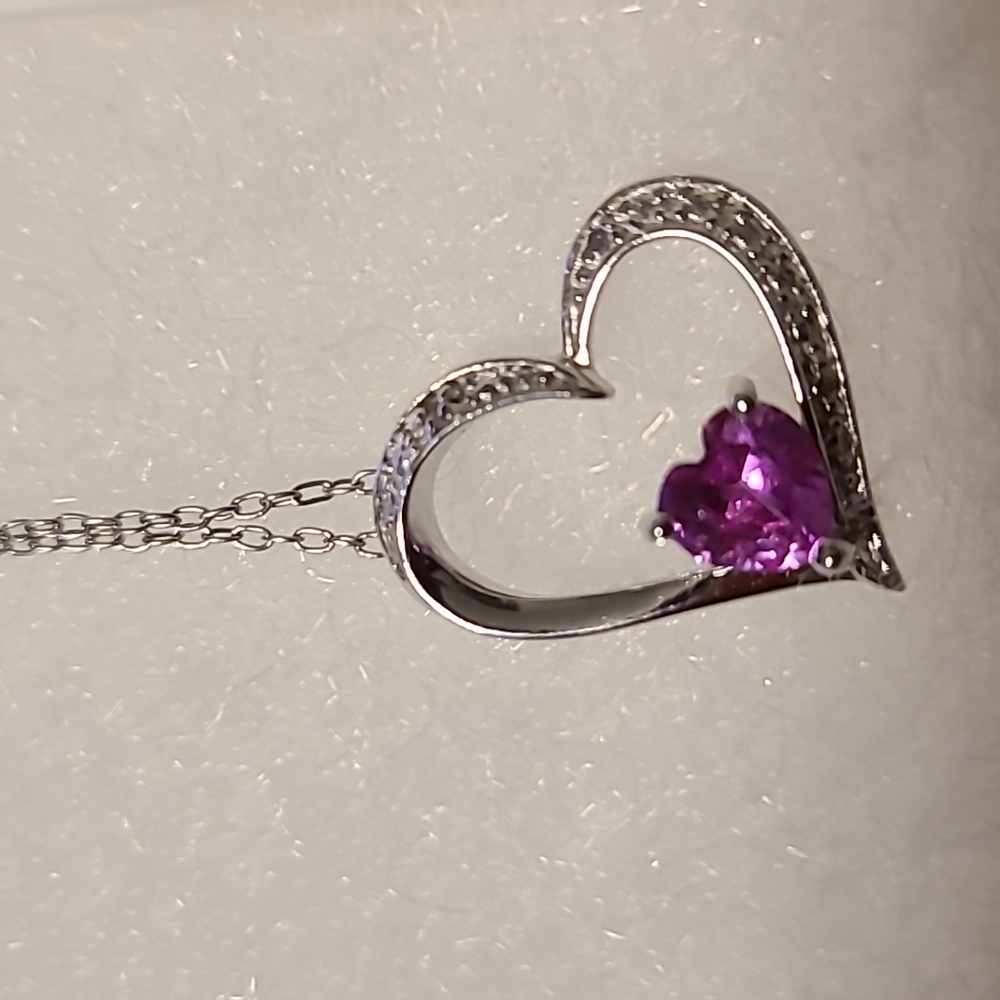 STERLING SILVER GENUINE DIAMOND LAB CREATED PINK SAPPHIRE PENDANT 18" - Picture 2 of 8